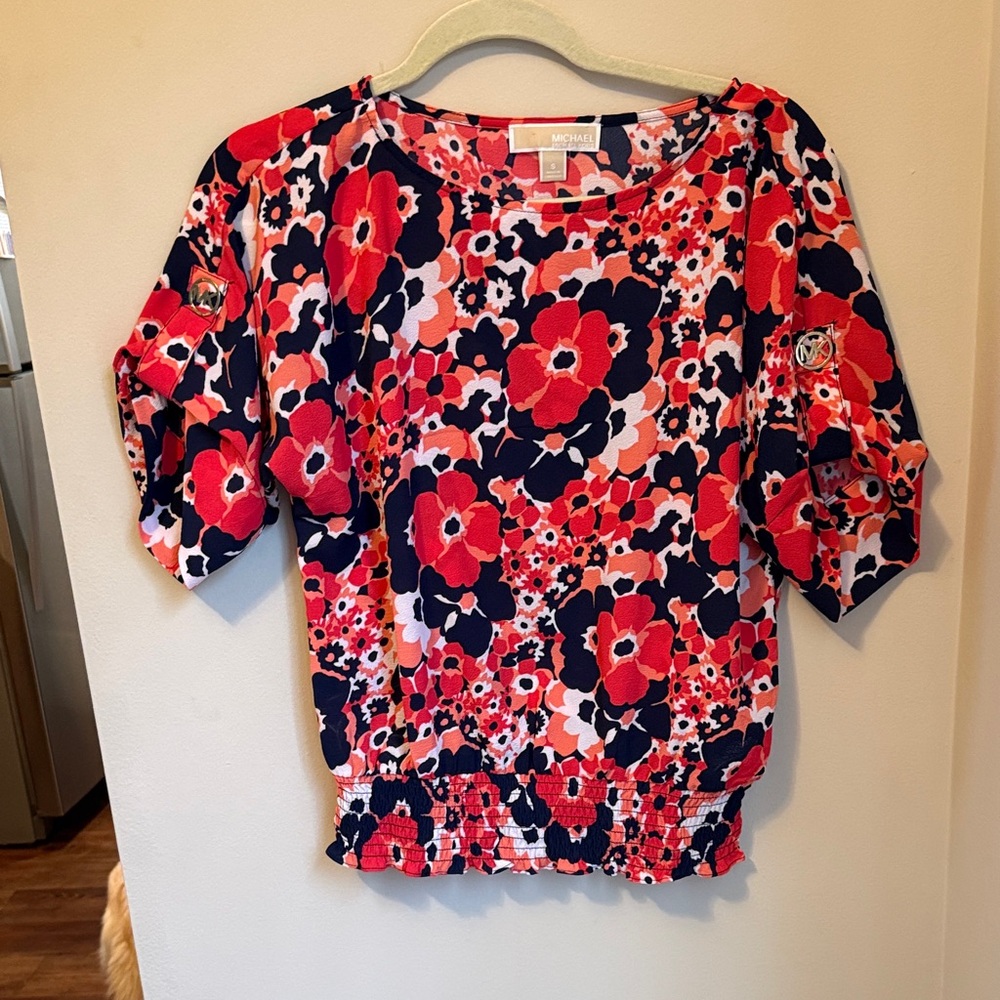 Michael Kors Navy and Red Floral Puff-Sleeve Tunic